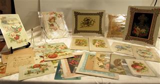 26 ANTIQUE EPHEMERA EMBELLISHED SINGLE PANEL DIE CUT CARDS - USED